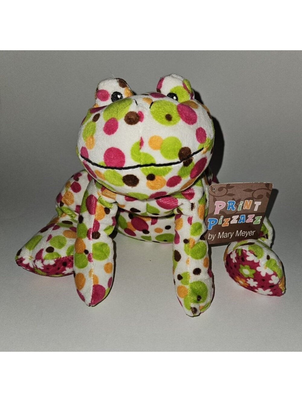 Mary Meyer Print Pizzazz Fizz Frog Plush Toy Green Orange Pink Polka Dot w/TAG